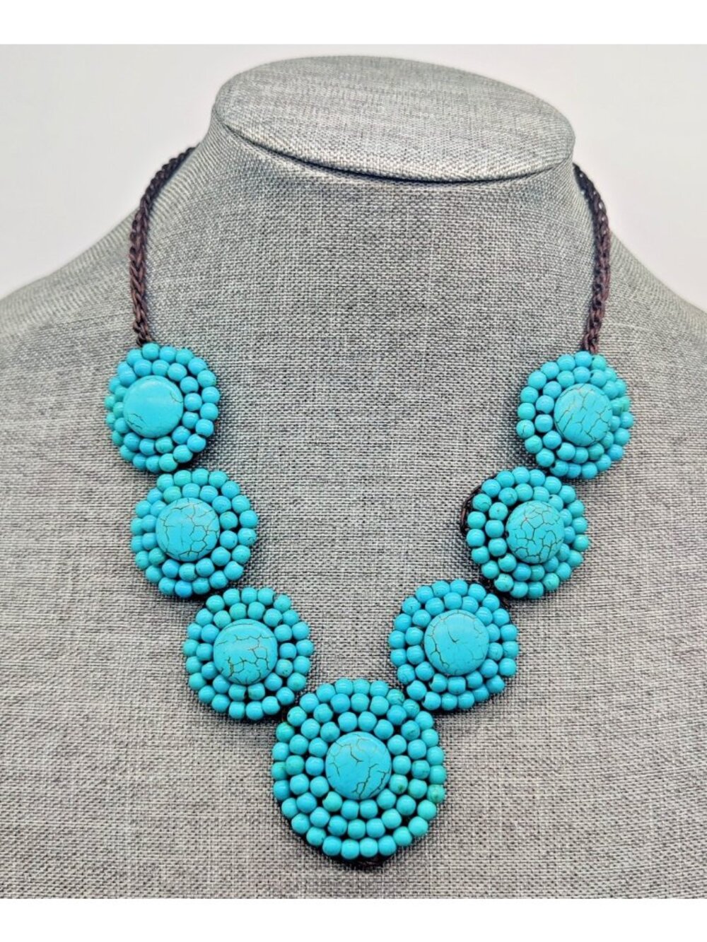 Beautiful Woman's Fashion Necklace Estate Sale Turquoise Beaded Brown Cord
